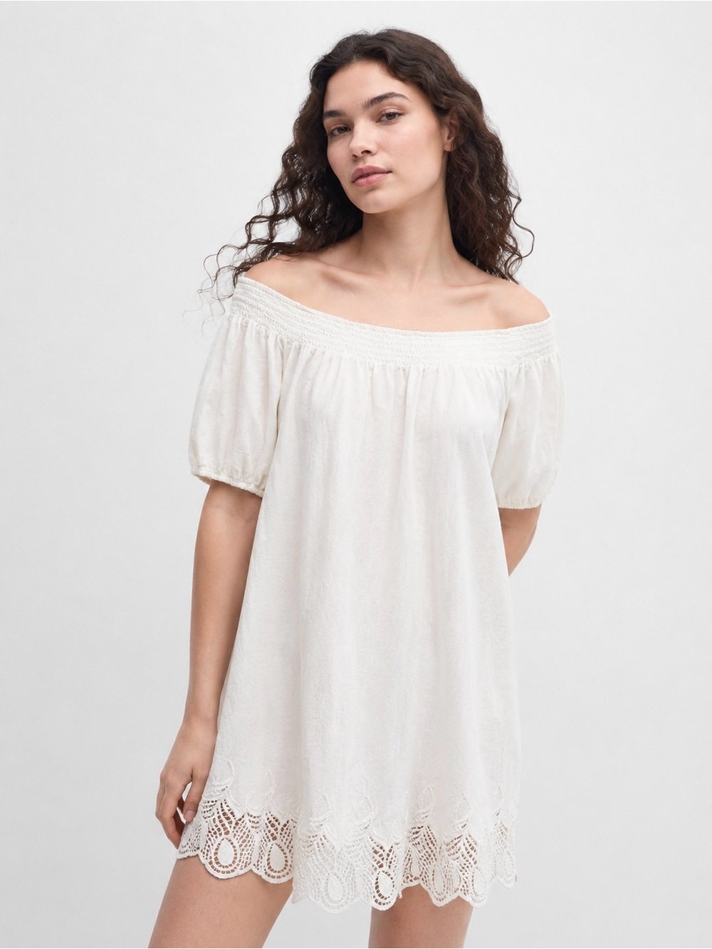 Cotton Off-Shoulder White Lace-Trim Mini Dress